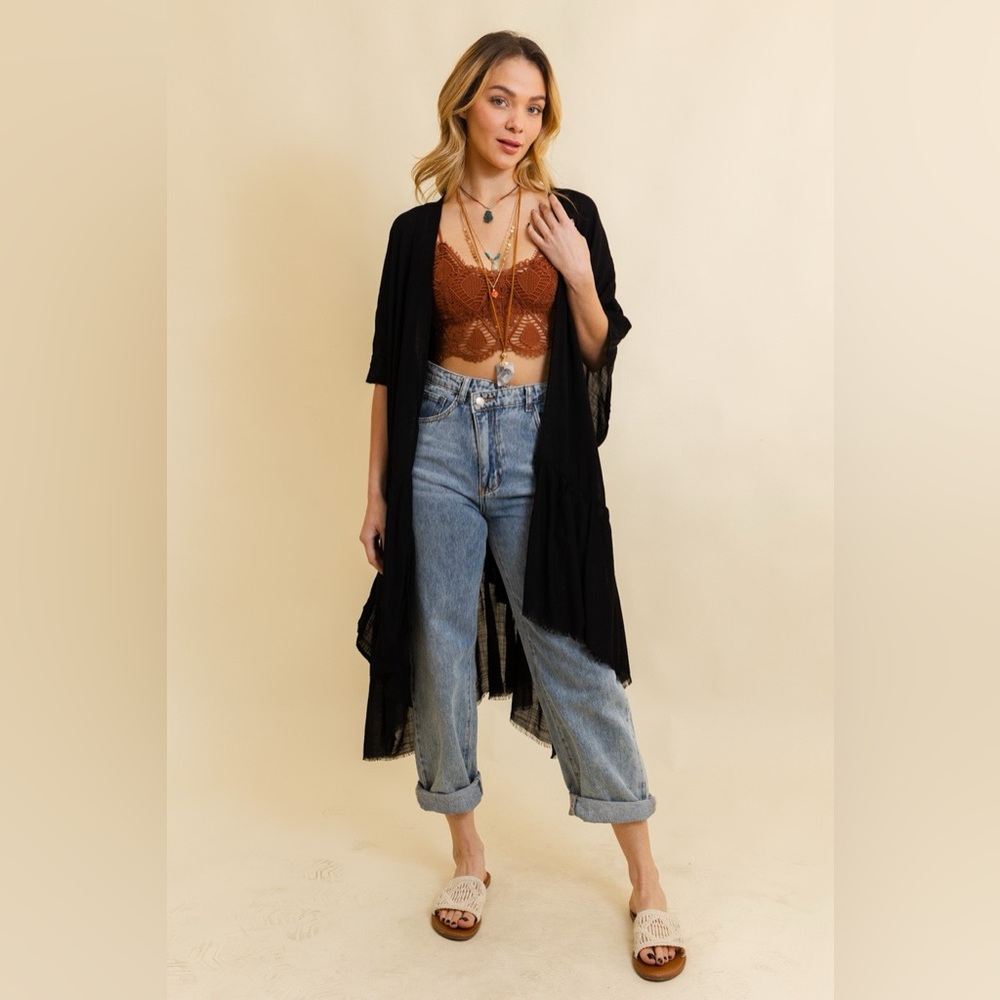 89. LAST 1! Black Cardigan Kimono Bohemian Boho Layer Flowy Duster tier ruffle - Picture 4 of 4